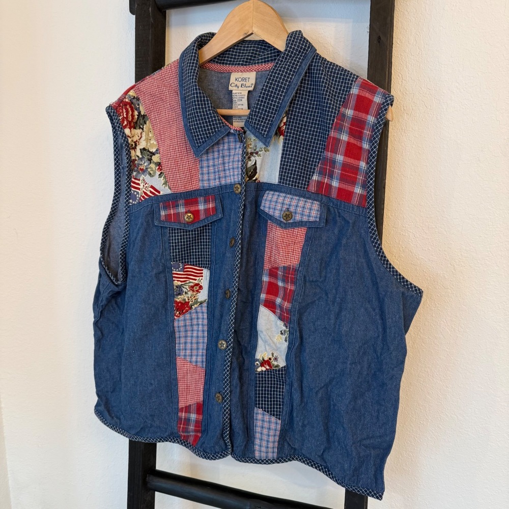 Vintage Patchwork Denim Vest Koret City Blues Womens 22W Plaid Floral Blue - Picture 2 of 8